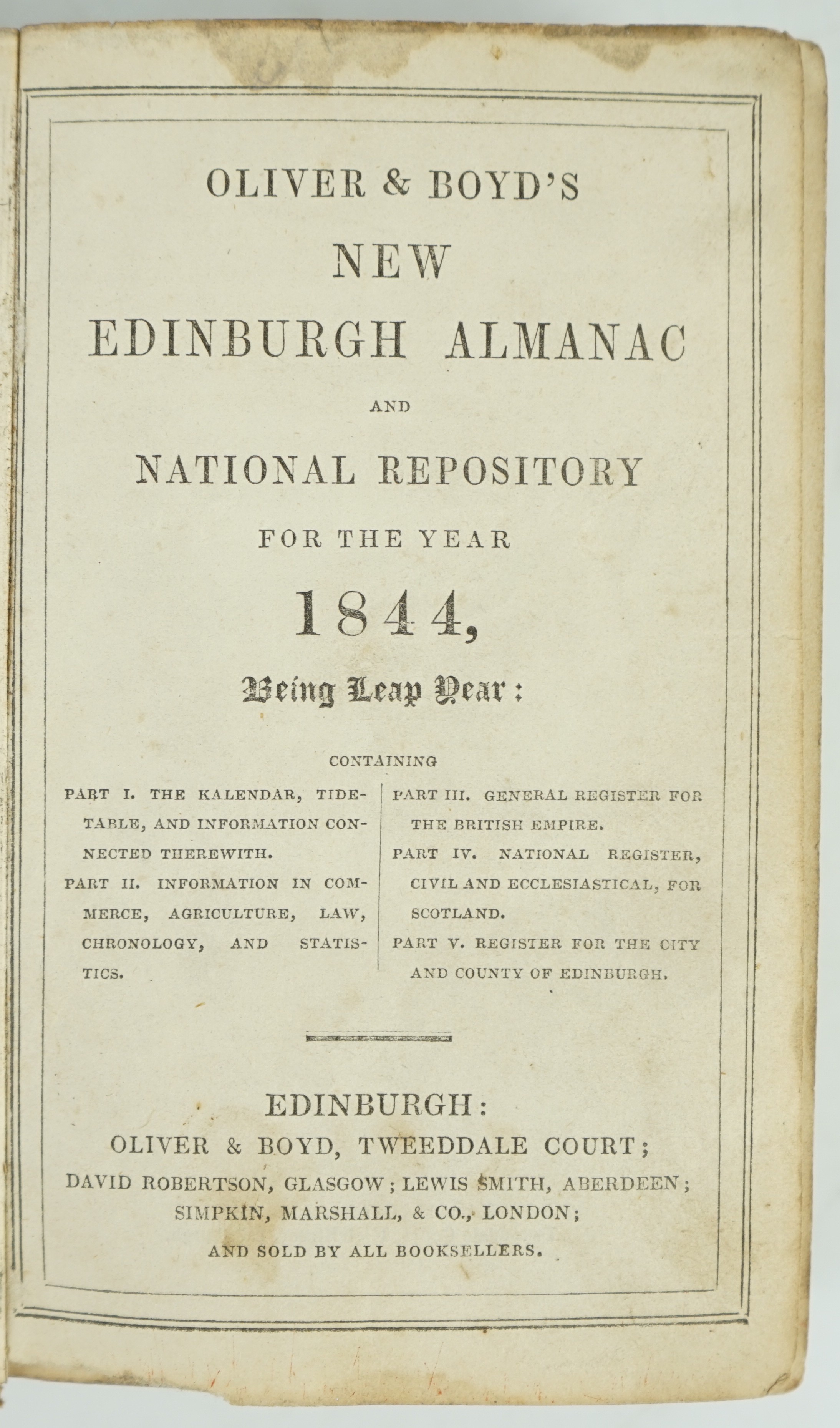 Oliver & Boyd's New Edinburgh Almanac and National Repository for the Year 1844 ... bound with: Morison's Perth and Perthshire Register, for 1844 ... also the Tay Shipping Lists. contemp. calf. Edinburgh & Perth, (1843)